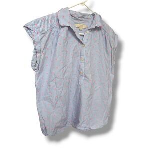 LOFT Button Down Shirt Blue Striped Pink Clip Dot Short Sleeve SP Petite